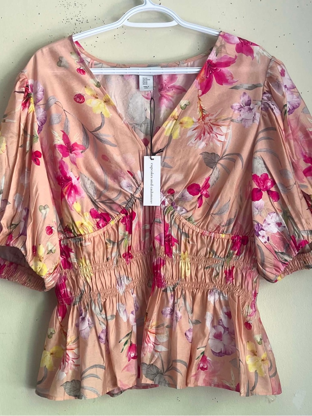 cupcakes & cashmere Peach Floral Smocked Peplum Blouse